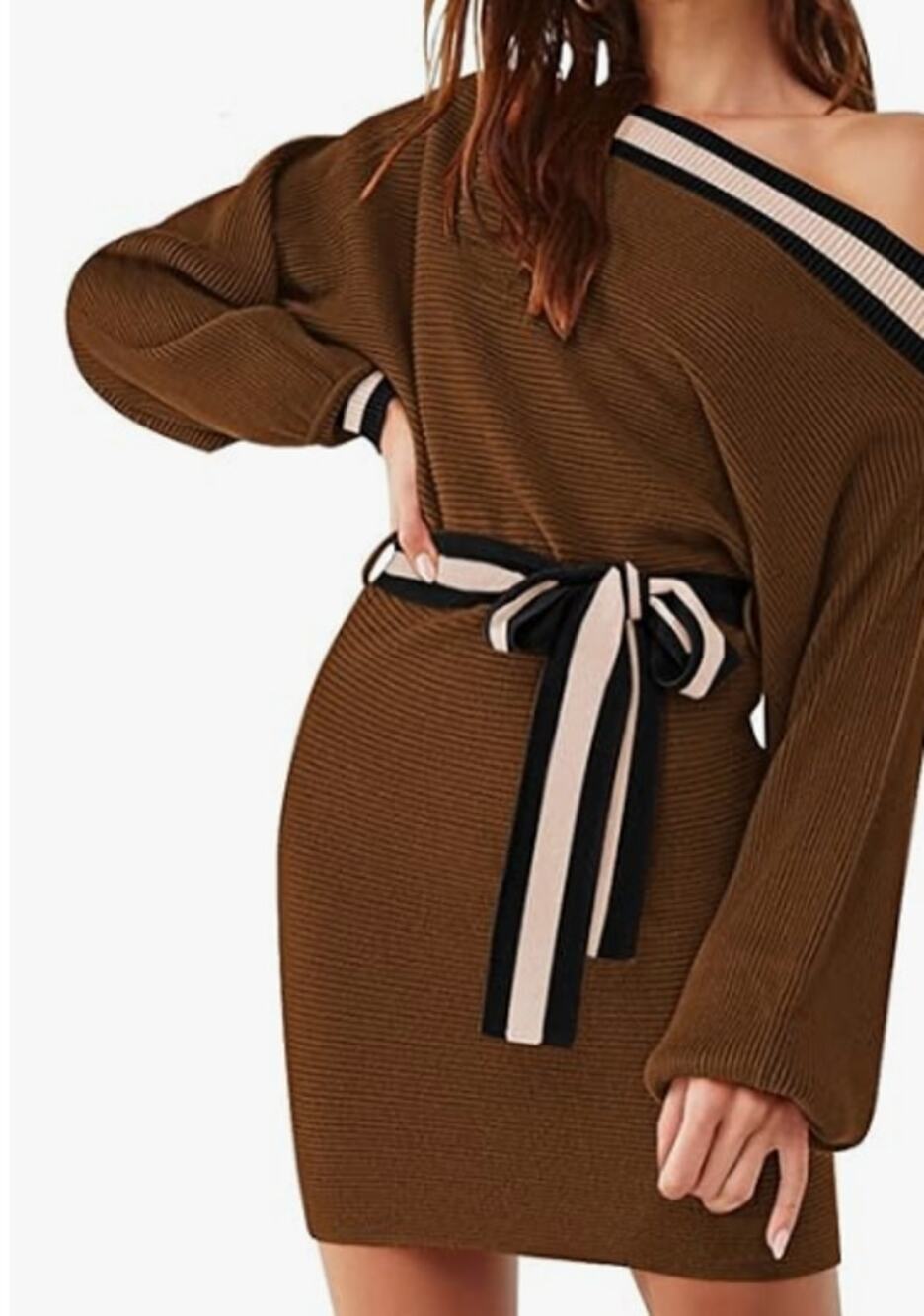 Off the Shoulder Boat Neck Contrast Long Sleeve Knit Belted Sweater Dress Size M